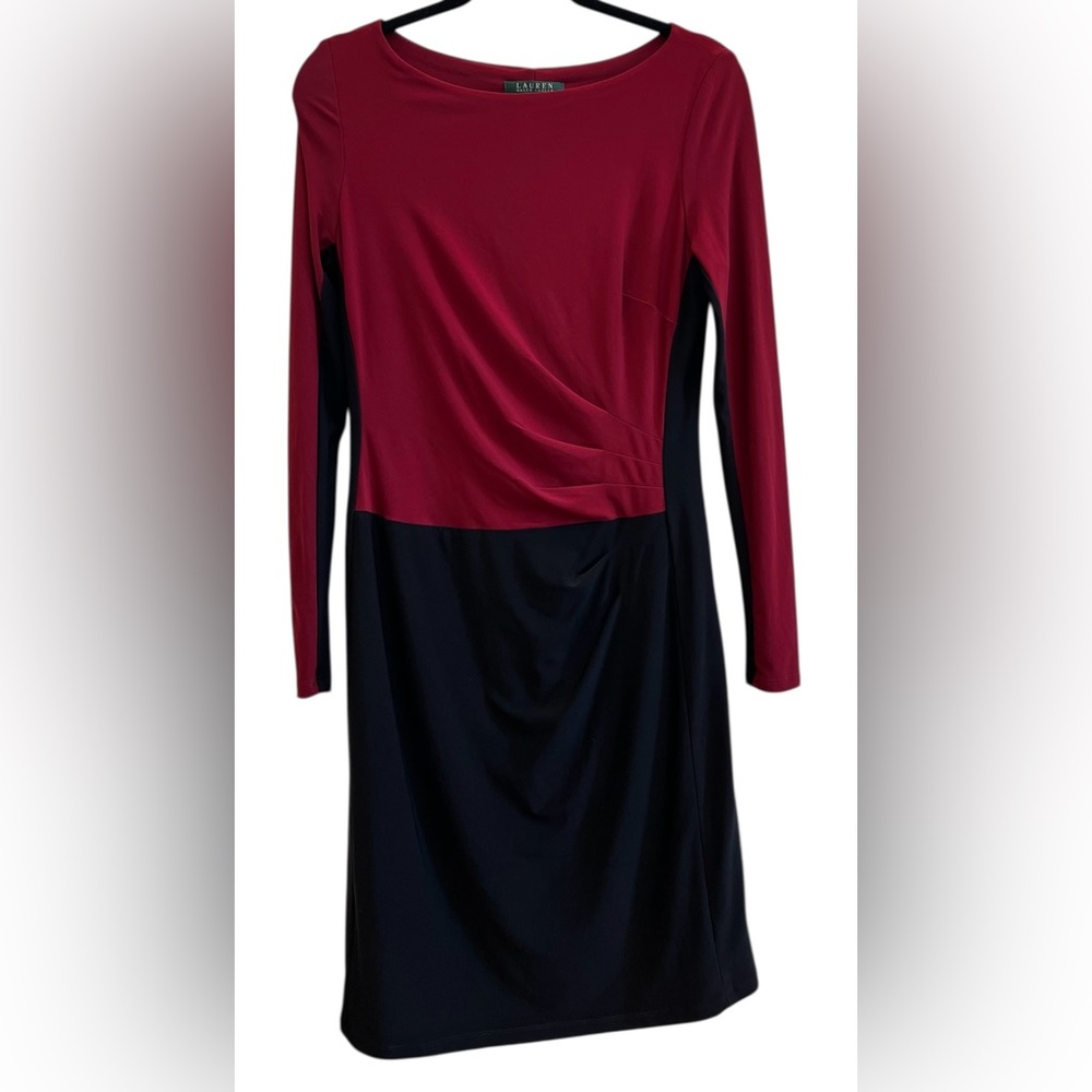 Lauren Ralph Lauren Colorblock Dress Red Black Ruched Sheath Career Cocktail